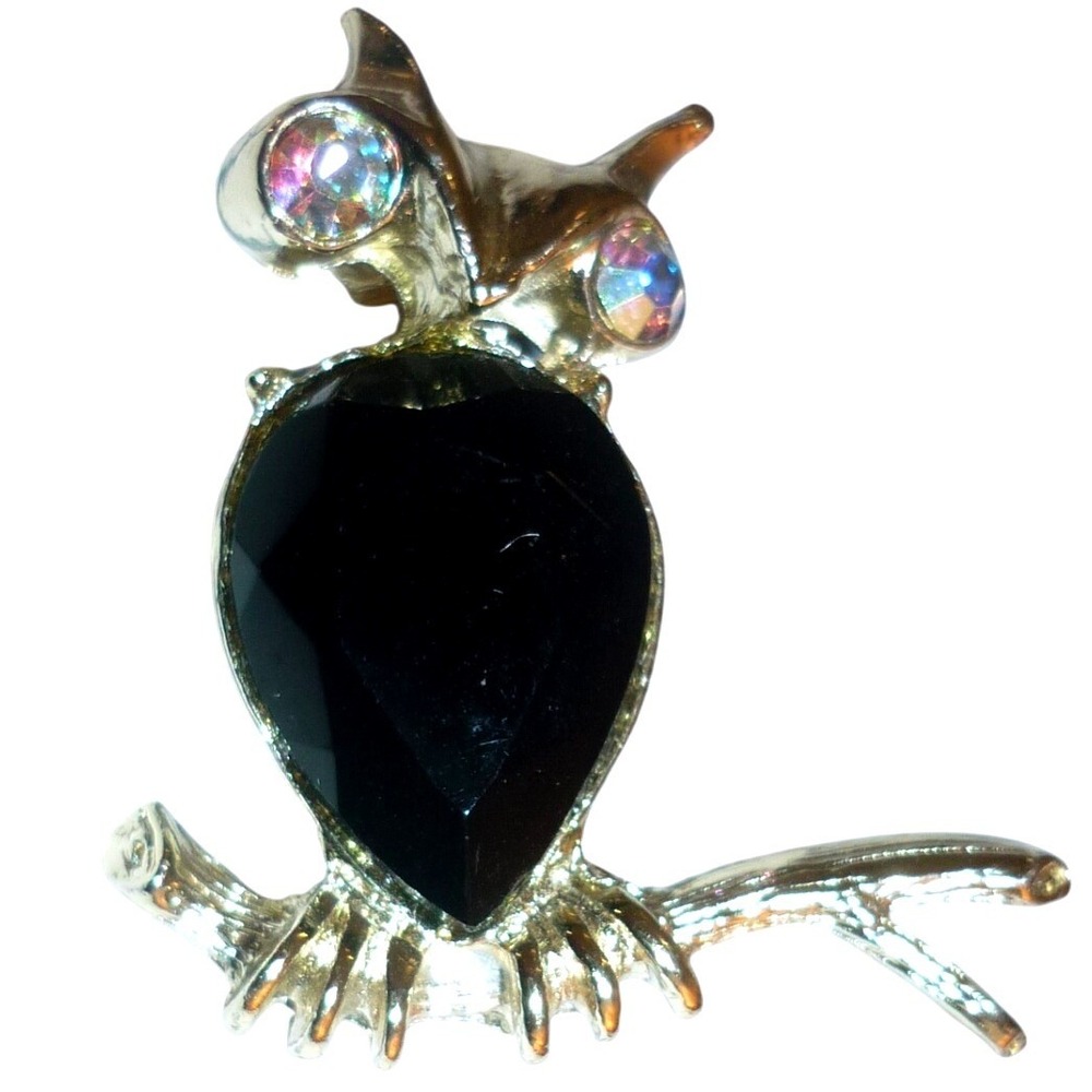 Vintage Mid Century Black Rhinestone Owl Brooch AB Eyes Gold Tone 1.5"